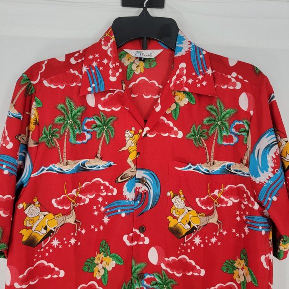 Alvish Enjoy Life Surfing Santa Hawaiian Shirt Red Men's Small - Picture 3 of 10